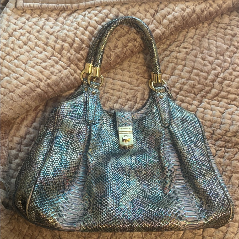 Brahmin Metallic Snakeskin Handbag with Gold Accents